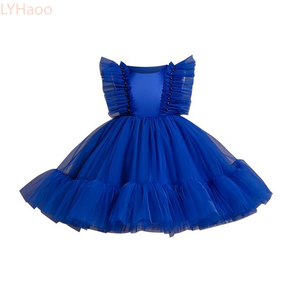 LYHaoo Flower Girl Dress Ruffle Tulle Beads Toddler Wedding Birthday Party Evening Tutu Dresses,Dresses for School Casual Sizes 3-4 Years Blue