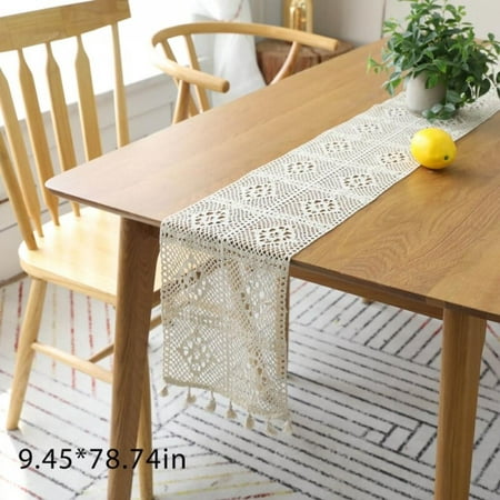 

Clearance Sale!Crochet Hollow Lace Table Runner Tassels Beige Cotton Wedding Party Dinner Decor Tablecloth Nordic Romance Table Cover A2