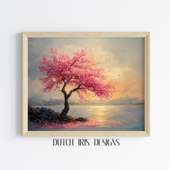 Cherry Blossom Tree, Spring Wall Art, Serene Pink Blossoms By Water, Vintage Landscape Decor, Art 197 Home Decor #1446, Unframed Poster Size 8x12