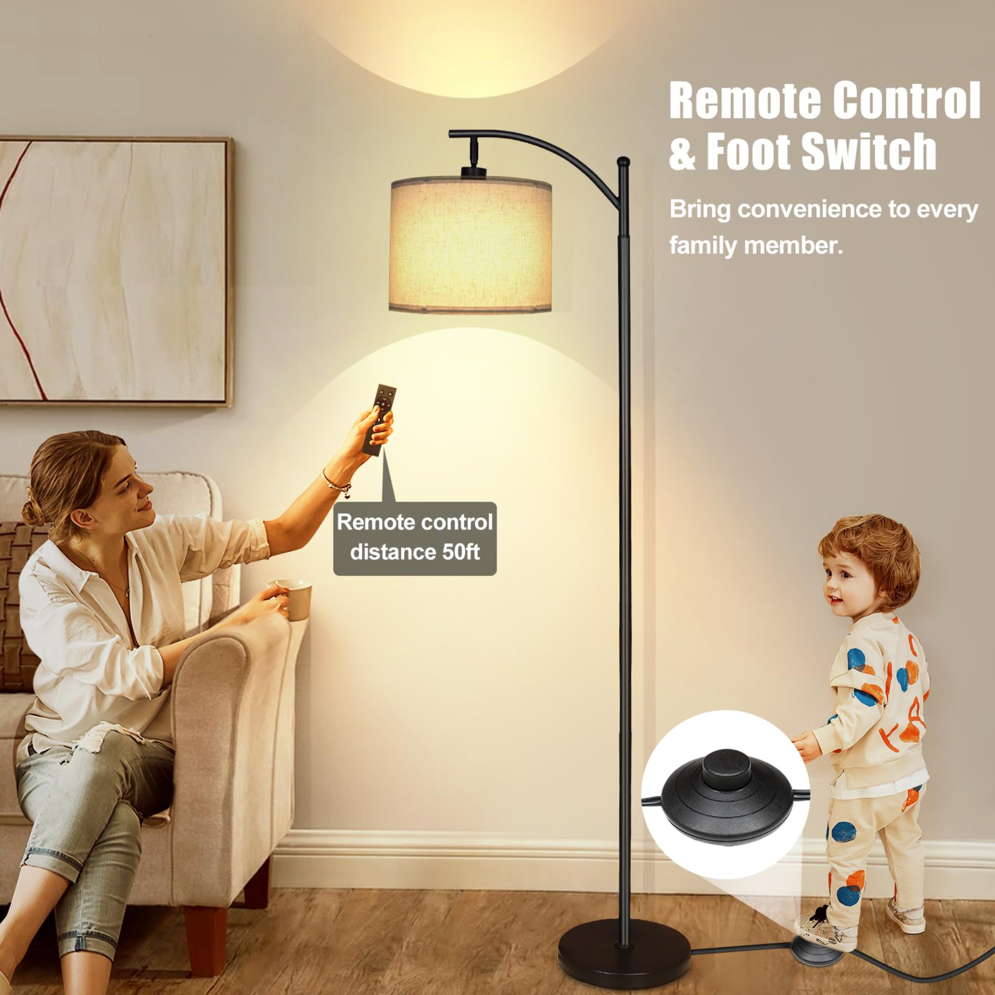 Hadineen Arc Floor Lamp with Remote Control, Black photo 8