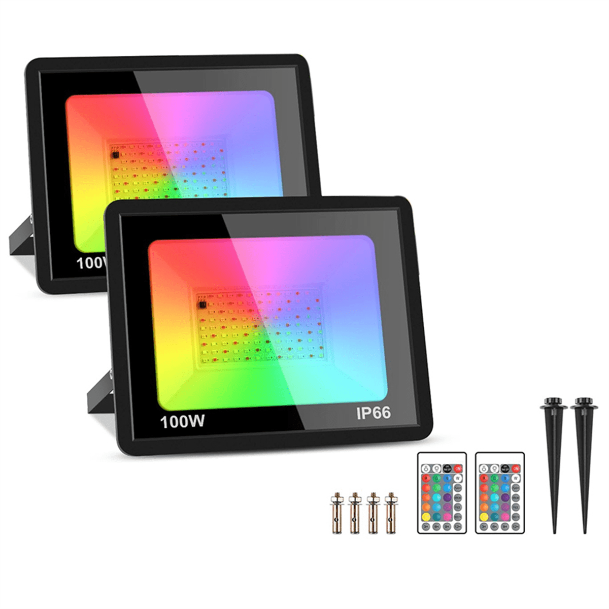 2 Pack 100W RGB LED Flood Lights IP66 Waterproof Color Changing Floodlight with Remote for Party, Halloween 220V,2 * Floodlights 2 * Ground Stakes 4 * Screws 2 * Remote,Black