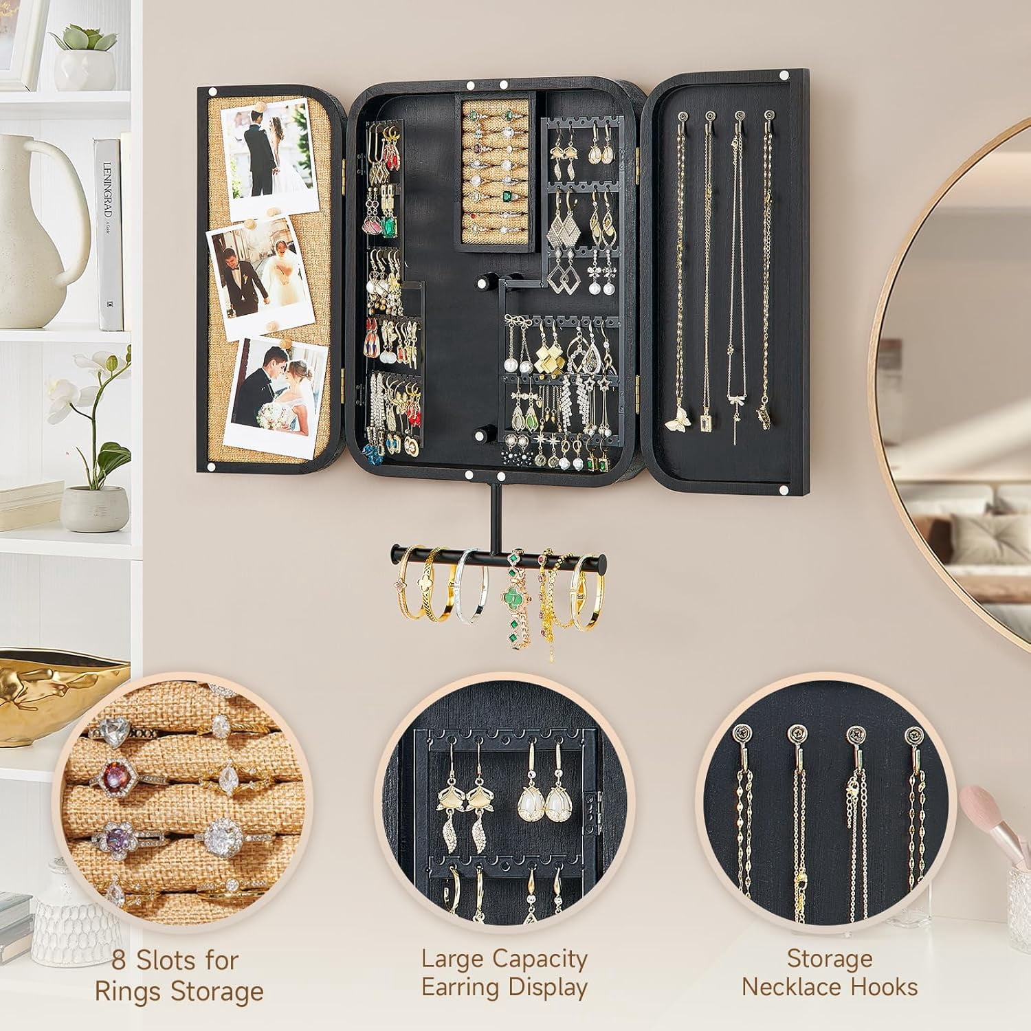 Hanging Jewelry Organizer, Wall Mounted Jewelry Organizer for Earring Holder Organizer, Jewelry Cabinet Holder Jewelry Storage Box for Earrings, Necklaces, Bracelets, Ring Holder