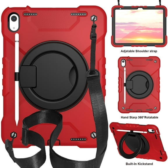 TECH CIRCLE iPad 10th Gen 10.9 inch Case 2022,iPad 10.9 Case with Pencil Holder, 360°Rotating Kickstand/Ring Handle/Shoulder Strap Heavy Duty Protection Silicone Shockproof Kids Cover,Red/Black