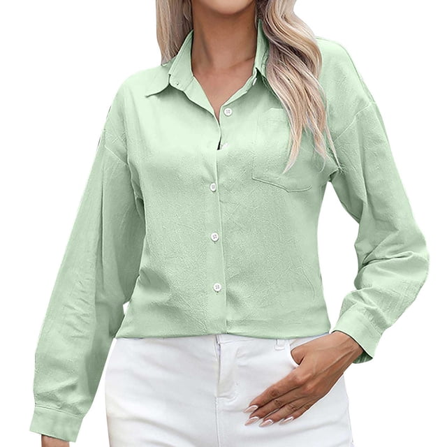Timegard Long Sleeve Tops for Women Button Solid Color Shirts Fall Work Casual Loose Tops Solid Color
