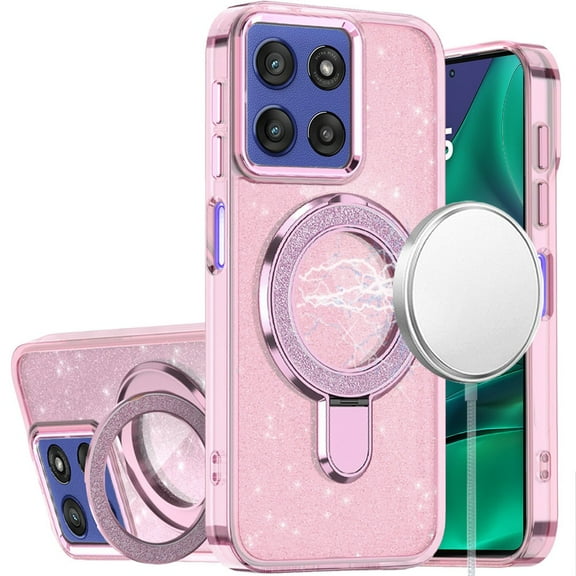 For Moto G Stylus 5G 2026/2025 Transparent Glitter Rotaional Magnetic Ring Stand HQ Hybrid - Light Pink