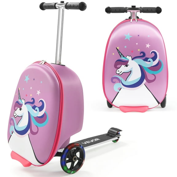 VEVOR Ride-on Luggage, 20 L Capacity, 20 Inches Kids Scooter Suitcase with Flash PU Wheels, Adjustable Handle & TPR Non-Slip Grip, Foldable & Lightweight Scooter Luggage for Kids Aged 5 , Purple
