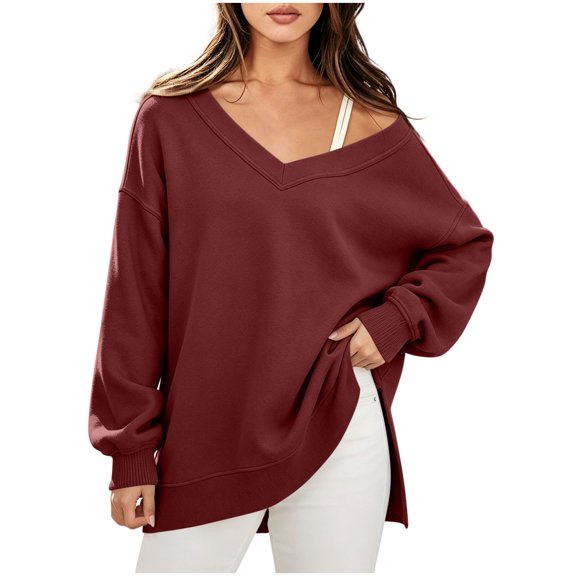 BUIGTTKLOP Sweatshirts for Women Oversized Long Sleeve Shirts V Neck Side Slit Pullover Cozy Tops Fall Winter Fashion Outfits