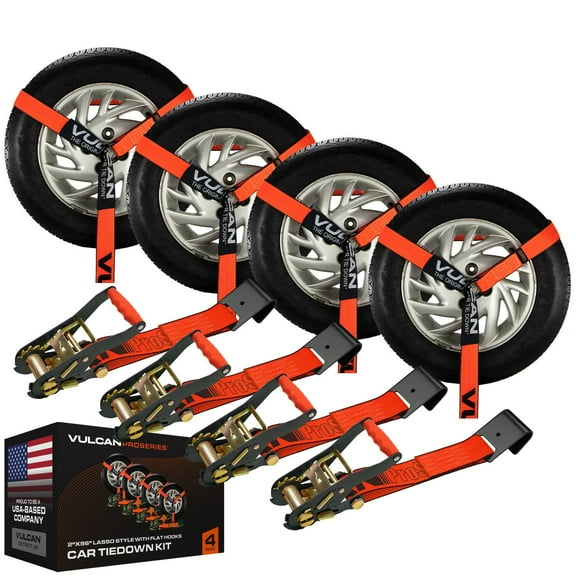VULCAN Car Tie Down - Flat Hooks - Lasso - 2 inch x 96 inch - 4 Pack - PROSeries - 3300 Lbs SWL