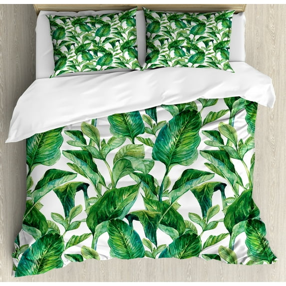 Plant Duvet Cover Set, Equatorial Leaves in Hand Drawn Watercolor Style Art Botanical Petal Spring, Decorative 3 Piece Bedding Set with 2 Pillow Shams, King Size, Green Jade Green, by Ambesonne