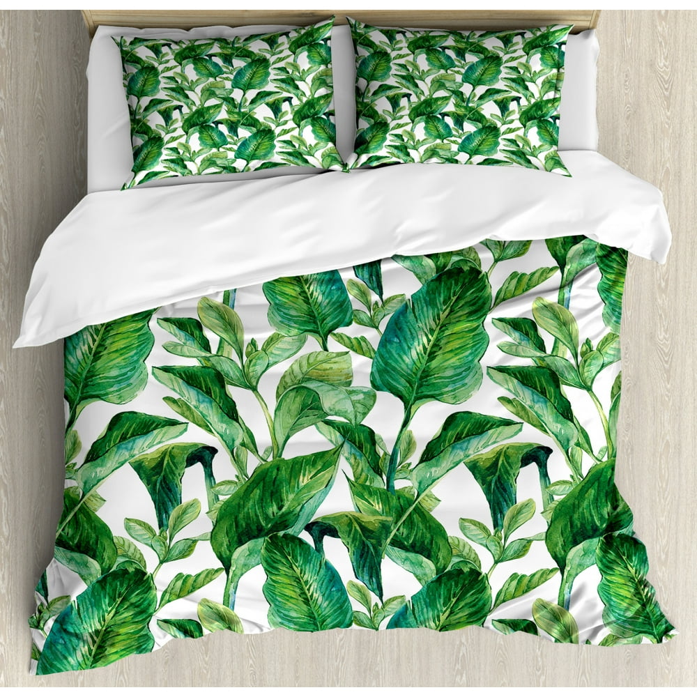 Plant Duvet Cover Set, Equatorial Leaves in Hand Drawn Watercolor Style