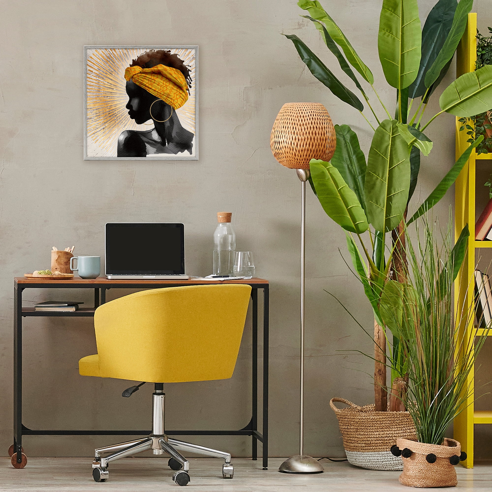 Stupell Industries Golden Sunburst Profile with Headwrap Gray Framed Giclee Art, design by CAD Designs