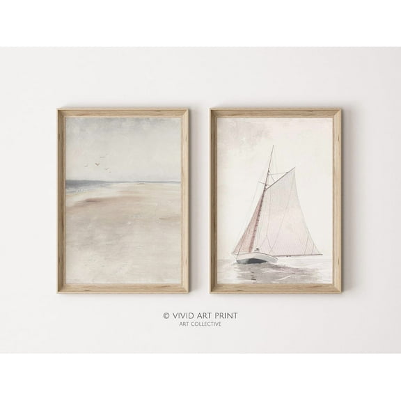 UNFFRAMED Vintage Sailboat Sandy Beach Muted Coastal Art Gallery Set Of 2, Modern Wall Decor Set 2 Prints 8x12