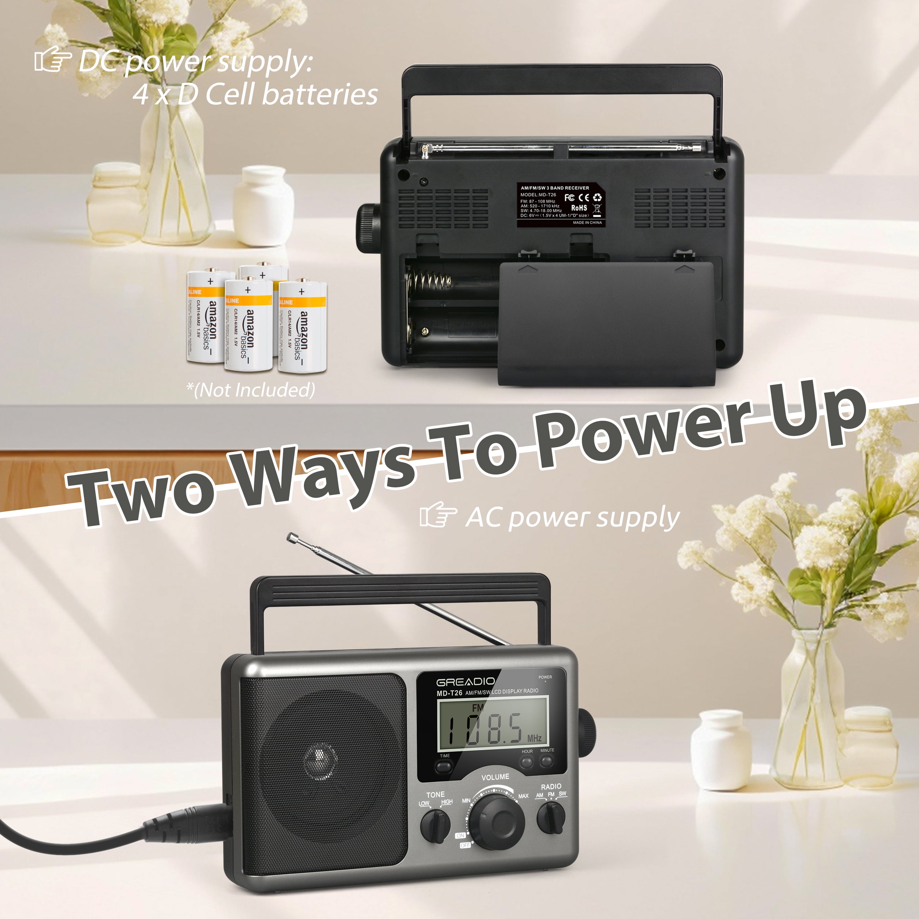 Greadio Portable Shortwave Radio with Best Reception,AM FM Radio for Home,LCD Display,Time Setting for Gift, Elder, Outdoor, Party