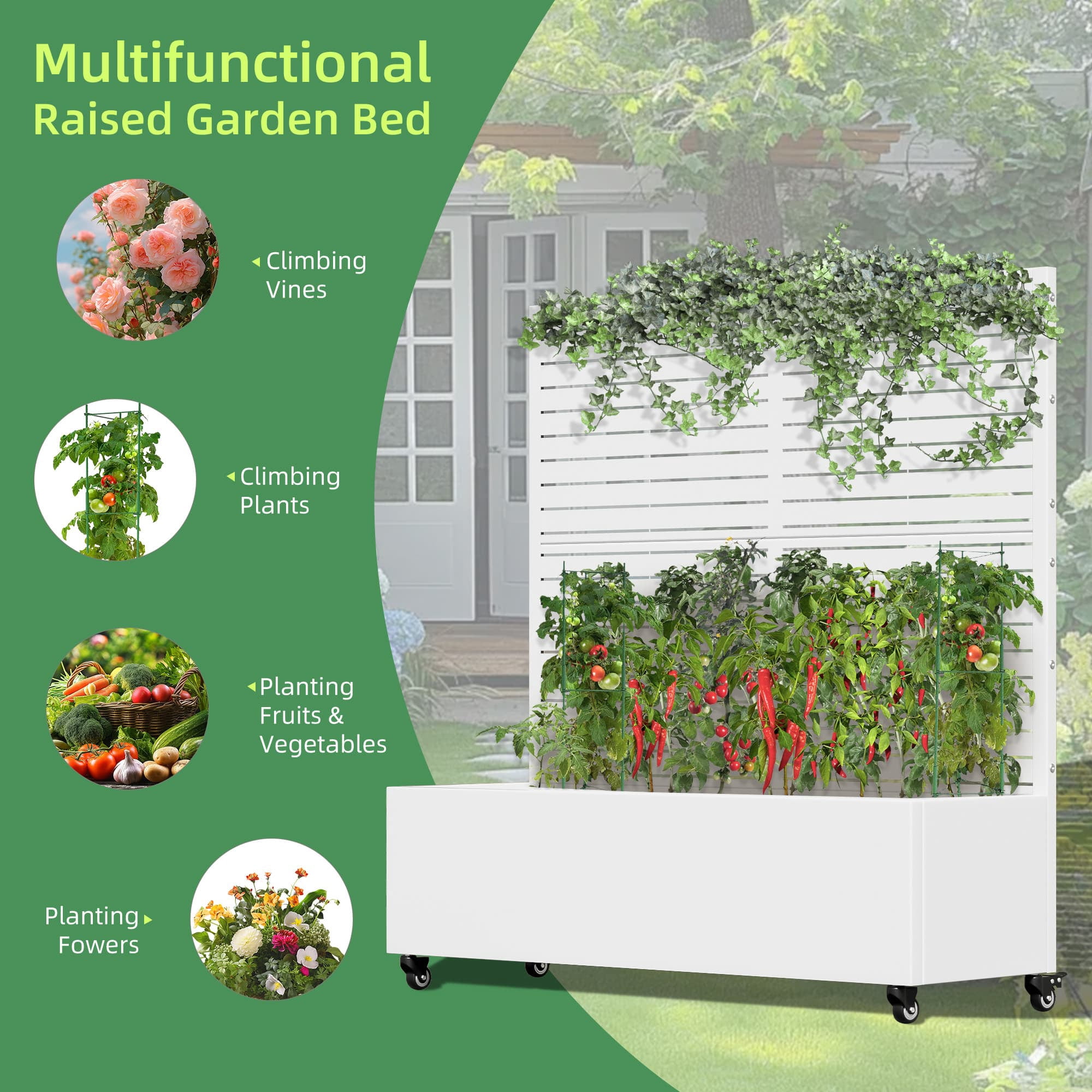 MAYEERTY 47*16*47"Outdoor White Metal Planter with Rect Louvered Climbing Trellis, Drainage hole & Wheels
