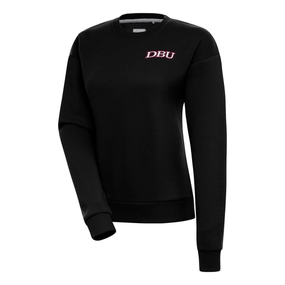 Women's Antigua Black Dallas Baptist Patriots Victory Crewneck Pullover Sweatshirt