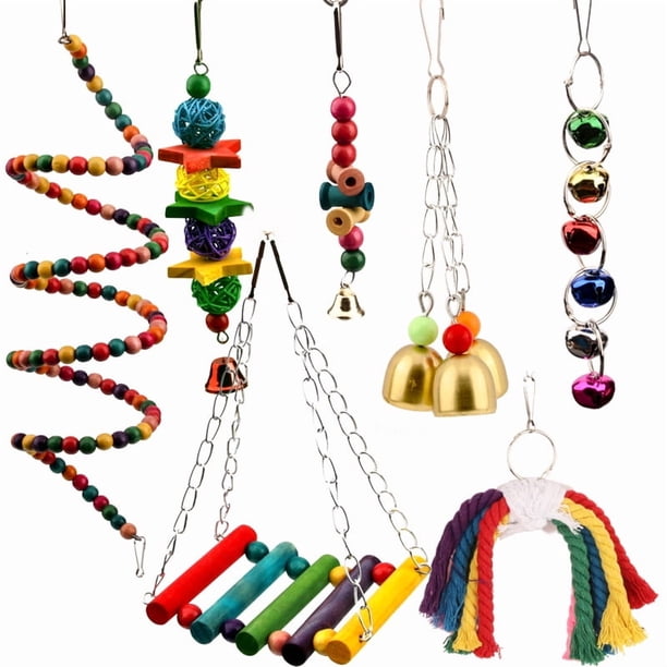 Juguetes para pájaros de 7 piezas: juguetes de escalada coloridos, columpios, escaleras, perchas, campanas, para pájaros, loros, pinzones y periquitos.