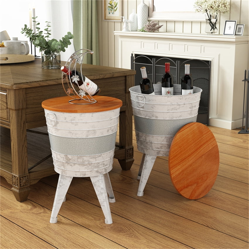 Set of 2 Metal Accent Side Table with Wood Top, Farmhouse Rustic