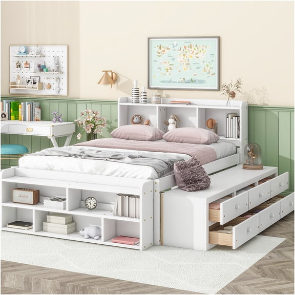 JERFIT White Full Size Storage Bed with Bookcase Headboard, 6 Drawers Footboard Organizer, Pine Wood Platform Bed Frame