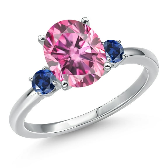 Gem Stone King 14K White Gold Pink Moissanite and Blue Created Sapphire Engagement Ring for Women | 3.10 Cttw | Oval 10X8MM | Gemstone Birthstone | Size 8