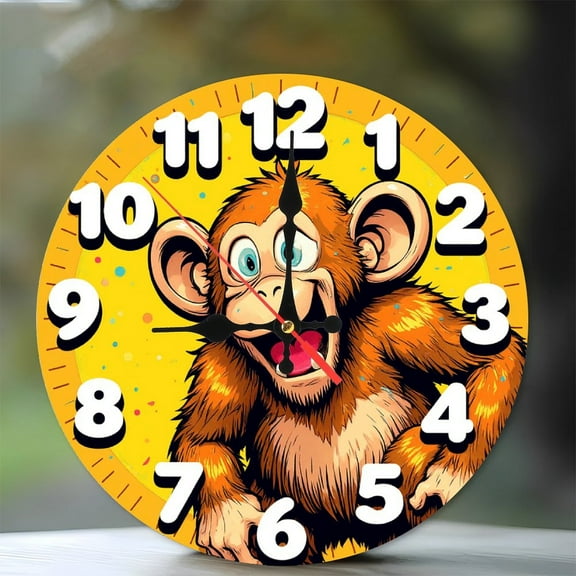 Cute Fun Cartoon Monkey Wall Clock for Kids Room Decor 10-Inch Silent Wooden Wall Clock, Battery Operated (AA Batteries Not Included), Artistic Home Decor
