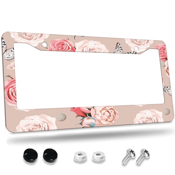 1 Pcs Roses and Butterflies Design License Plate Frame, License Plate Cover for Car Decorative Parts, Aluminum License Plate Bracket Holder Rust-Proof for US Standard Car
