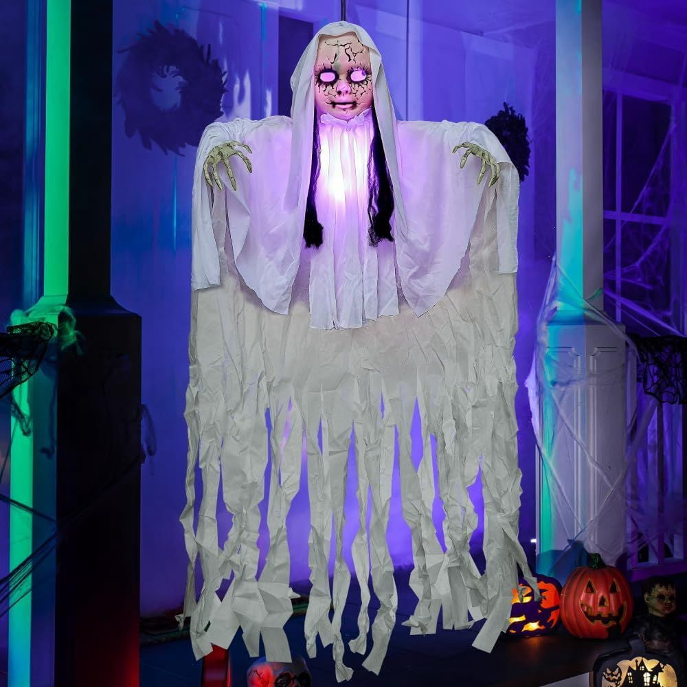 43 Inch Hanging Girl Ghost Halloween Decoration, Creepy Hollow Head Prop with Flashing Purple Lights on Head & Body, Battery Operated Latex Fabric Ghost Decor for Yard Haunted House Party