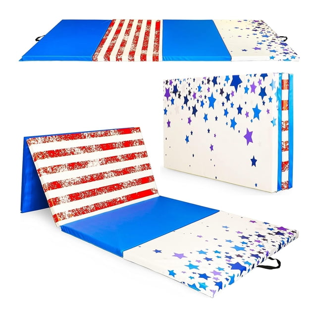 BalanceFrom 10ft x 4ft x 2in 4-Panel All-Purpose Folding Gymnastics Mat, Stars & Stripes