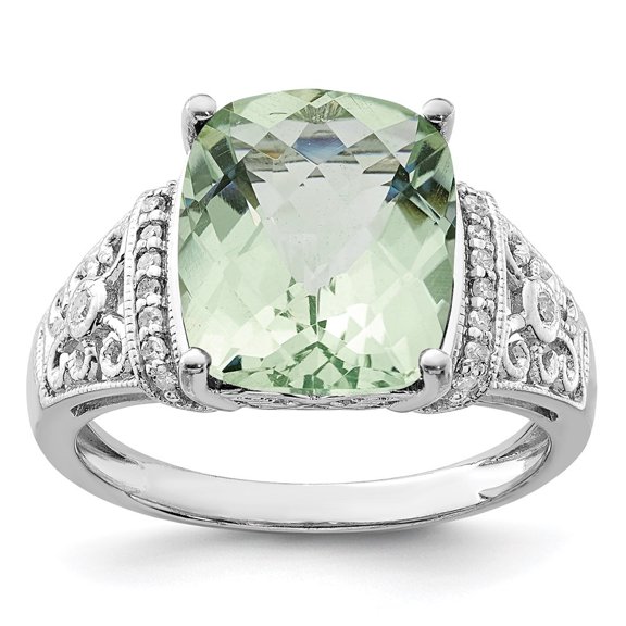 Auriga 925 Sterling Silver Rhodium Diamond & Checker-Cut Green Quartz Ring for Women Size- 5