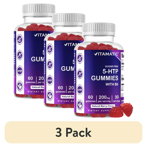 (3 pack) Vitamatic Sugar Free 5-HTP 200mg Gummies with B6 per Serving - 60 Pectin Based Gummes