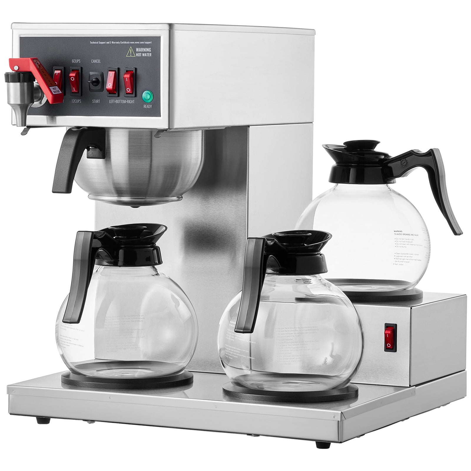 KFFKFF 12-Cup Industrial Coffee Brewer, Coffee Making Device with Trio of Glass Jugs and Trio of Heat-Keeping Bases, Metallic Manual Drip Coffee Maker for Eateries, Workplaces, Coffee Shops