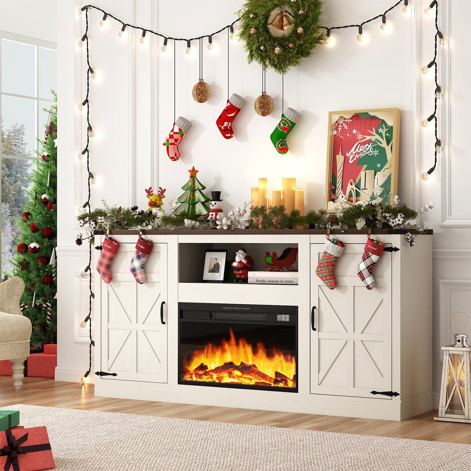 Blotout Farmhouse Fireplace TV Stand for TVs up to up 75" TVs, 66" Entertainment Center with with 26" Electric Fireplace & Adjustable Shelves for Living Room Bedroom