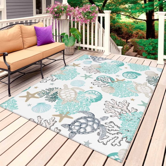 Coastal Coral Outdoor Rug 4x6 Ft, Non Slip Washable Area Rug, Ocean Nautical Turtle Seashells Starfish Patio Rugs Carpet Runner, Large Floor Mat for Indoor/Outdoor Deck Porch Camping