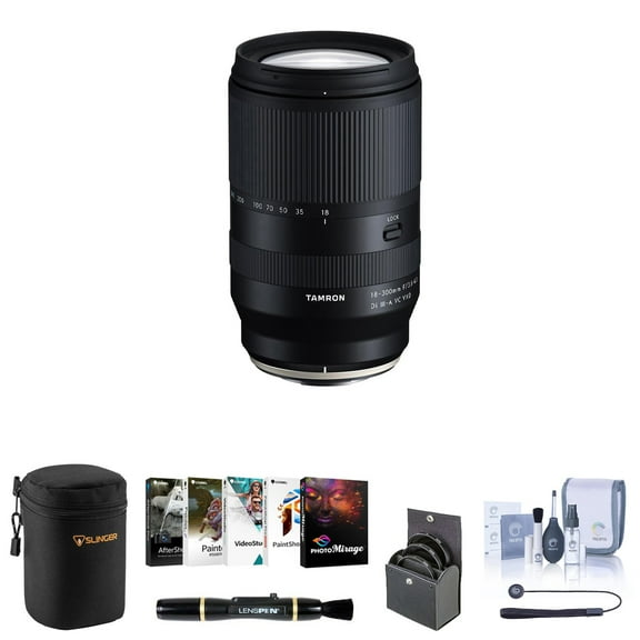Tamron 18-300mm f/3.5-6.3 Di III-A VC VXD Lens for Fuji X Bundle with Corel PC Software Kit, 67mm Filter Kit, Lens Case, Lens Cleaner, Cleaning Kit, Universal Lens Cap Tether