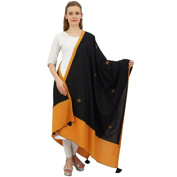 Phagun Indian Cotton Dupatta Embridered Chunni Long Stole Throw Scarf-Black