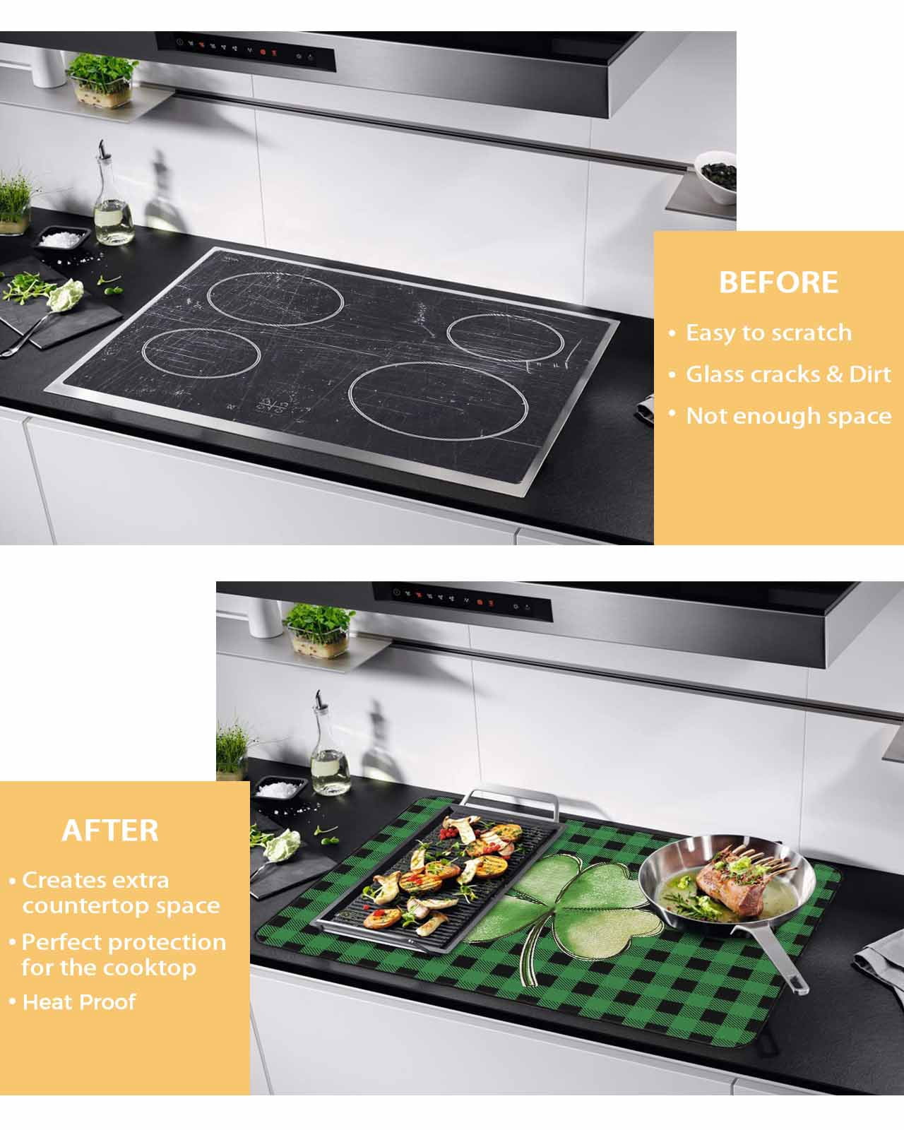 Large Induction Cooktop Protector Mat St. Patrick's Day Stove Top Covers for Electric Stove, Spring Lucky Shamrock Green Buffalo Plaid Decorative Stove Burner Cover Mats, Glass Top Stove Cover