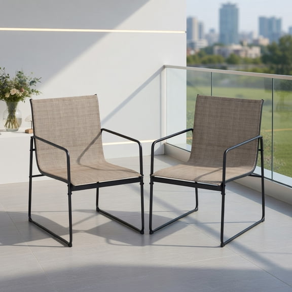 2-Pack Outdoor Dining Chairs – Breathable Fabric Patio Chairs with Ergonomic Curved Backrest, Heavy-Duty Powder-Coated Metal Frame, Brown & Black, for Deck, Balcony & Patio