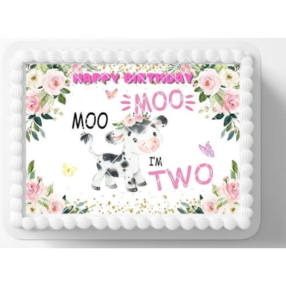 2 year Old Farm Barnyard Moo Cow Edible Image Icing Cake Topper for Quarter Sheet Cake, by TNCT