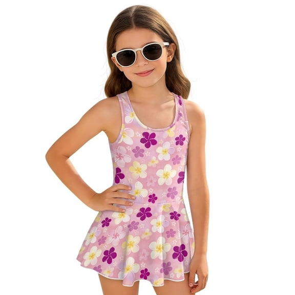 COEQINE Girls One Piece Swimsuit with Skirt Sleeveless Cute Skirted Bathing Suit Hawaiian Swimwear for Kids 3-4 Years, Summer Swim Dress for Water Play, Tropical Plumeria Pink Purple