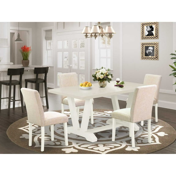 East West Furniture V-Style 5-piece Wood Dining Table Set in Linen White