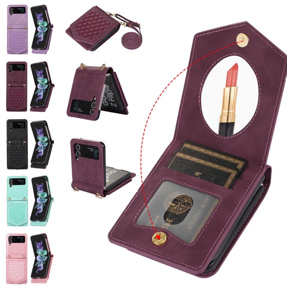 For Samsung Galaxy Z Flip4 5G Phone Case,Shockproof Luxury Leather RFID Blocking Cover,Card Slots Stand Case With Strap