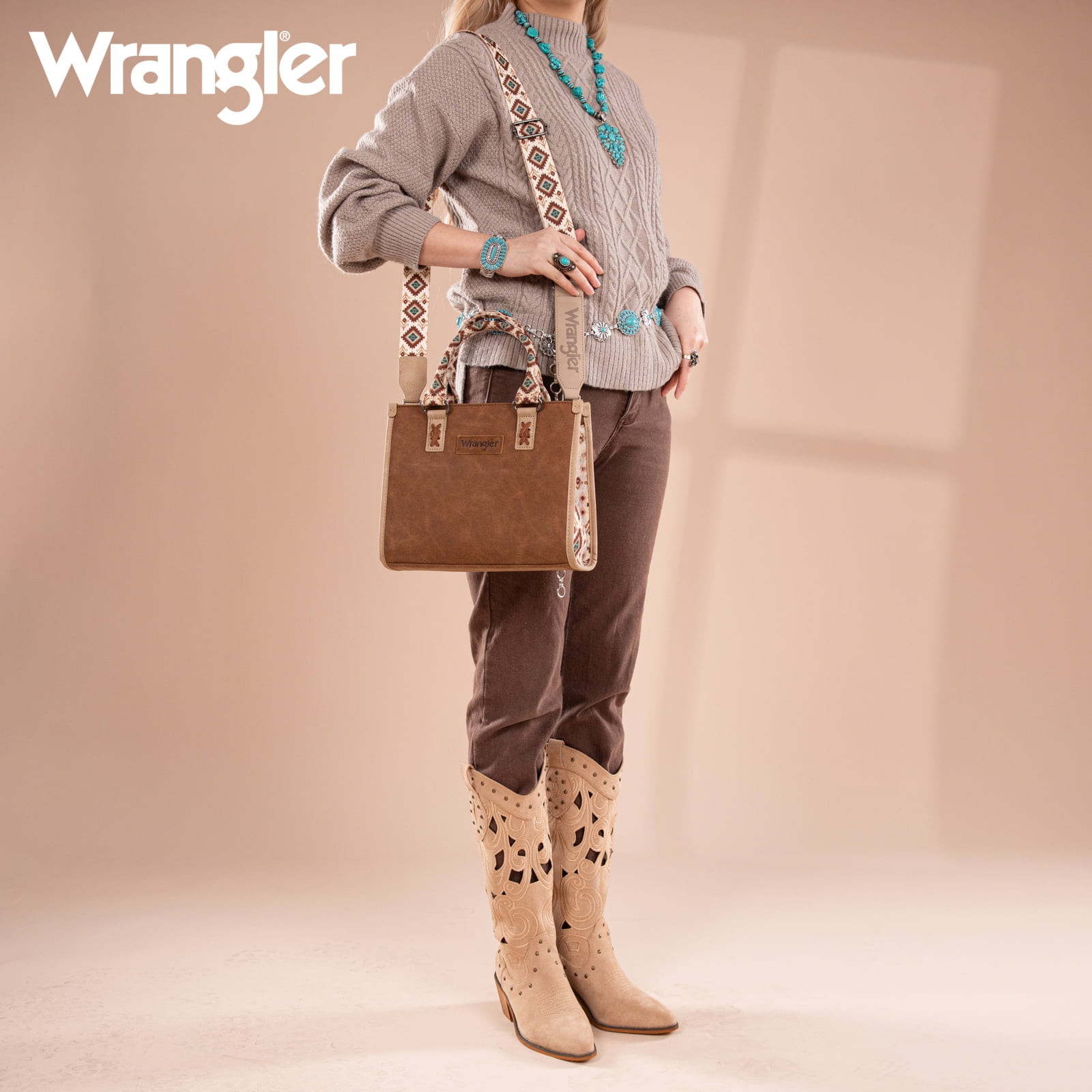 Wrangler Tote Bag for Women Western Retro Purse Top Handle Handbags with Aztec Strap, Brown