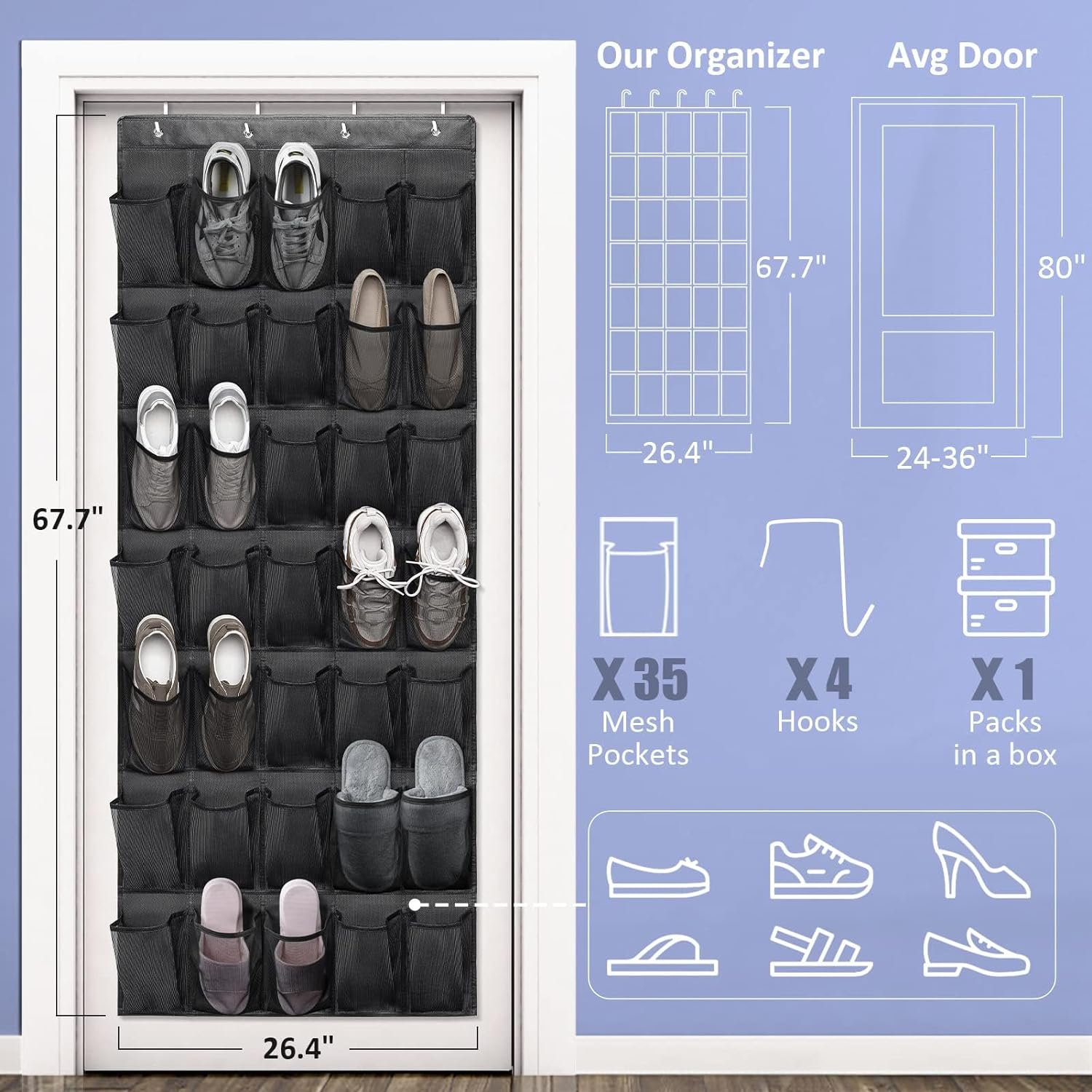 Scidweet Over-the-Door Shoe Organizer, 35 Pockets, Black photo 7
