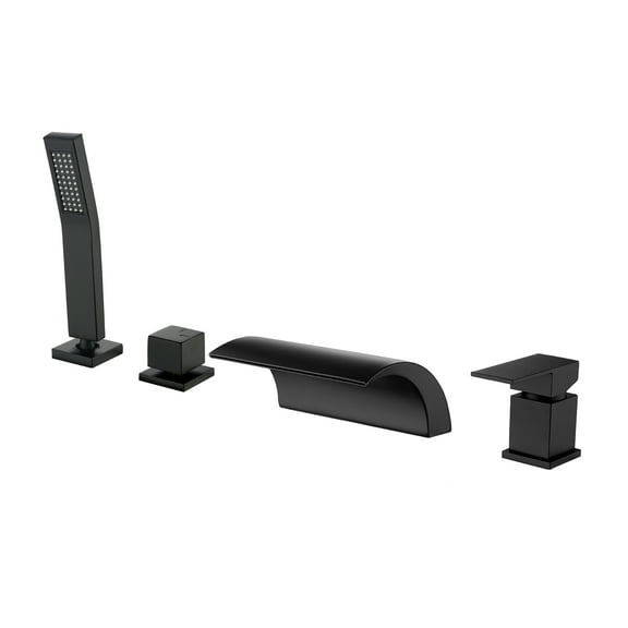 Cobbe Single Handle Bathroom Bathtub Faucet with 7.09-Inch Wide Waterfall Spout and Handheld Shower 4-Hole Mount Matte Black