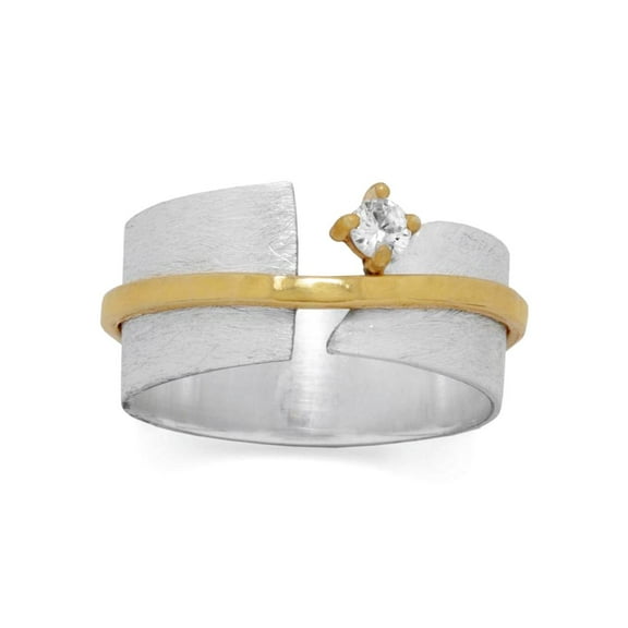 14k Gld Plated 925 Sterling Silver Two Tone Art Deco CZ Ring Satin Finish Split Band 8.6mm H Ring for Women and Men