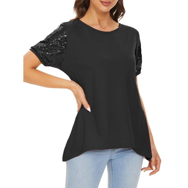 Camiseta de manga corta para mujer Camisas casuales con cuello redondo irregular con lentejuela CACAGOO Camiseta mujer