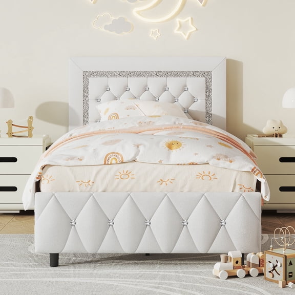 4 EVER WINNER Twin Bed Frame, Upholstered Platform Bed Frame with Headboard and Footboard, Twin Size Bed Frame, Diamond Headboard and Footboard Design, White
