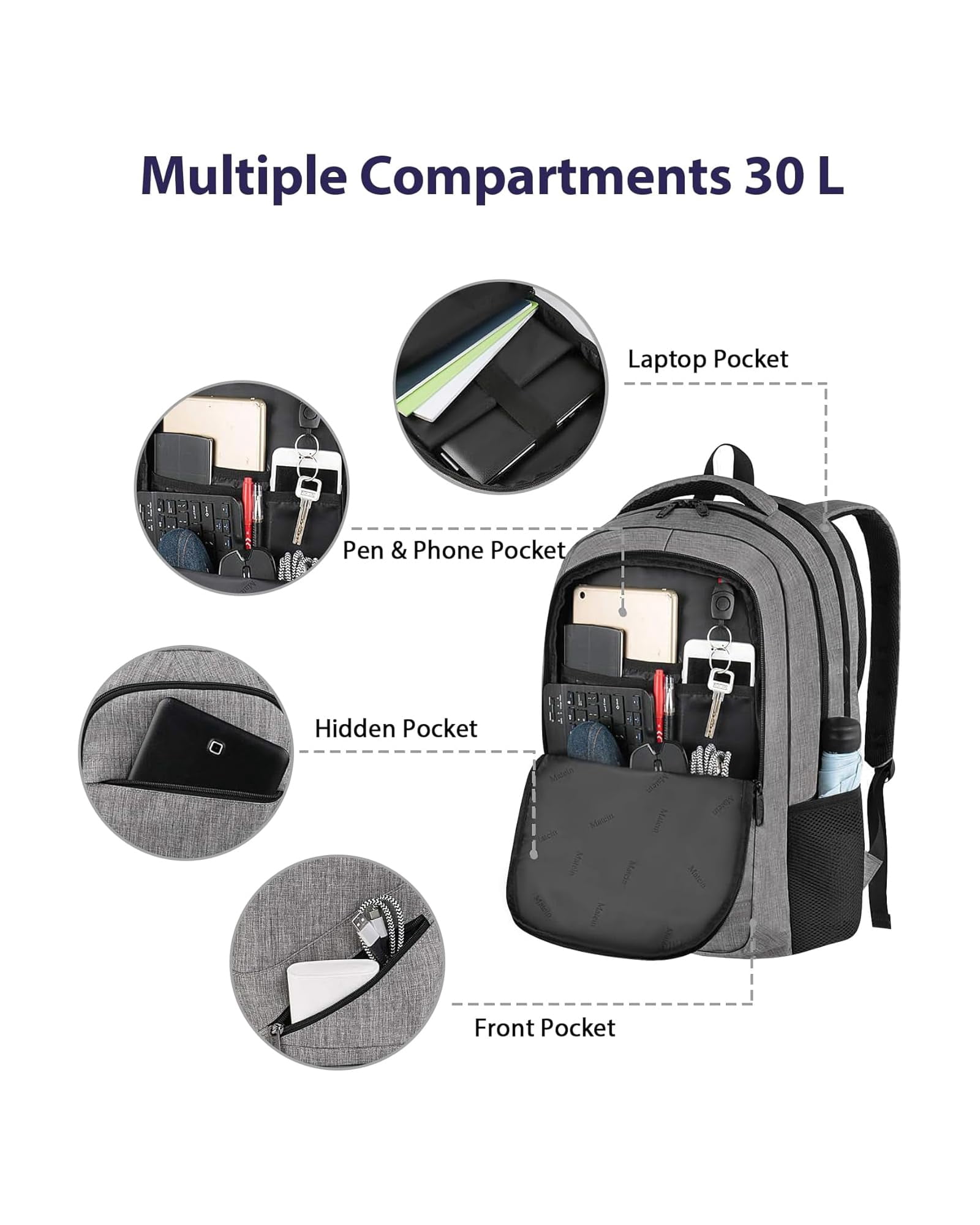 Matein Travel Backpacks for Adults, TSA Approved Carry on Work Backpack with Trolley Sleeve and Anti Theft Pocket, 30L Capacity, Gray