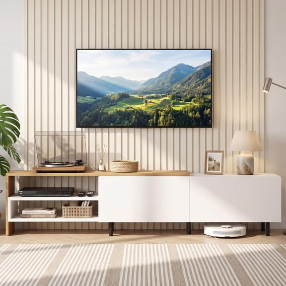 Modern White Tv Stand for Tvs up to 80 Inches with 2 Storage Cabinets and Open Shelves Media Console