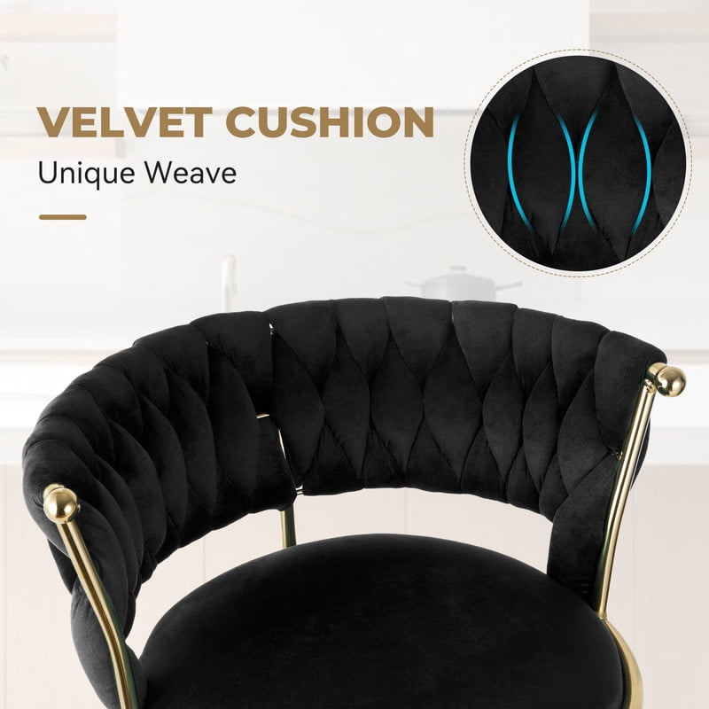 Hawsaiy Modern Velvet Bar Stools Set of 2, Adjustable Height Woven Back Bar Chairs with Footrest and Swivel for Kitchen Island & Dining Room, Black