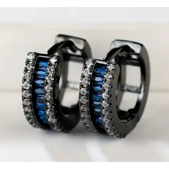 Iced Out Rhodium Plated Paved Blue Cubic Zirconia Men Women Huggie Hoop Earrings